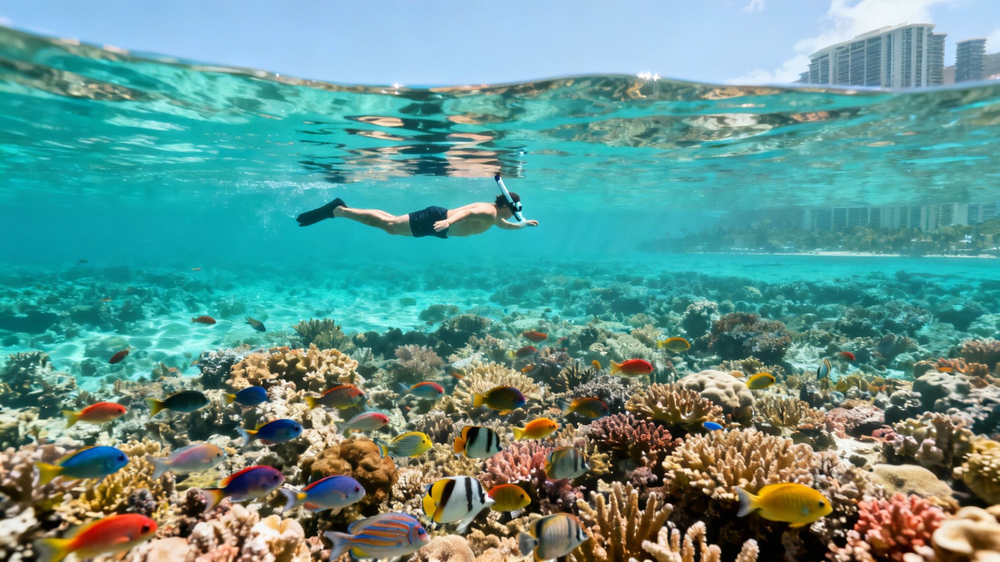 Man snorkeling over vibrant coral reefs with colorful fish, clear blue water, and resort buildings in Hawaii.