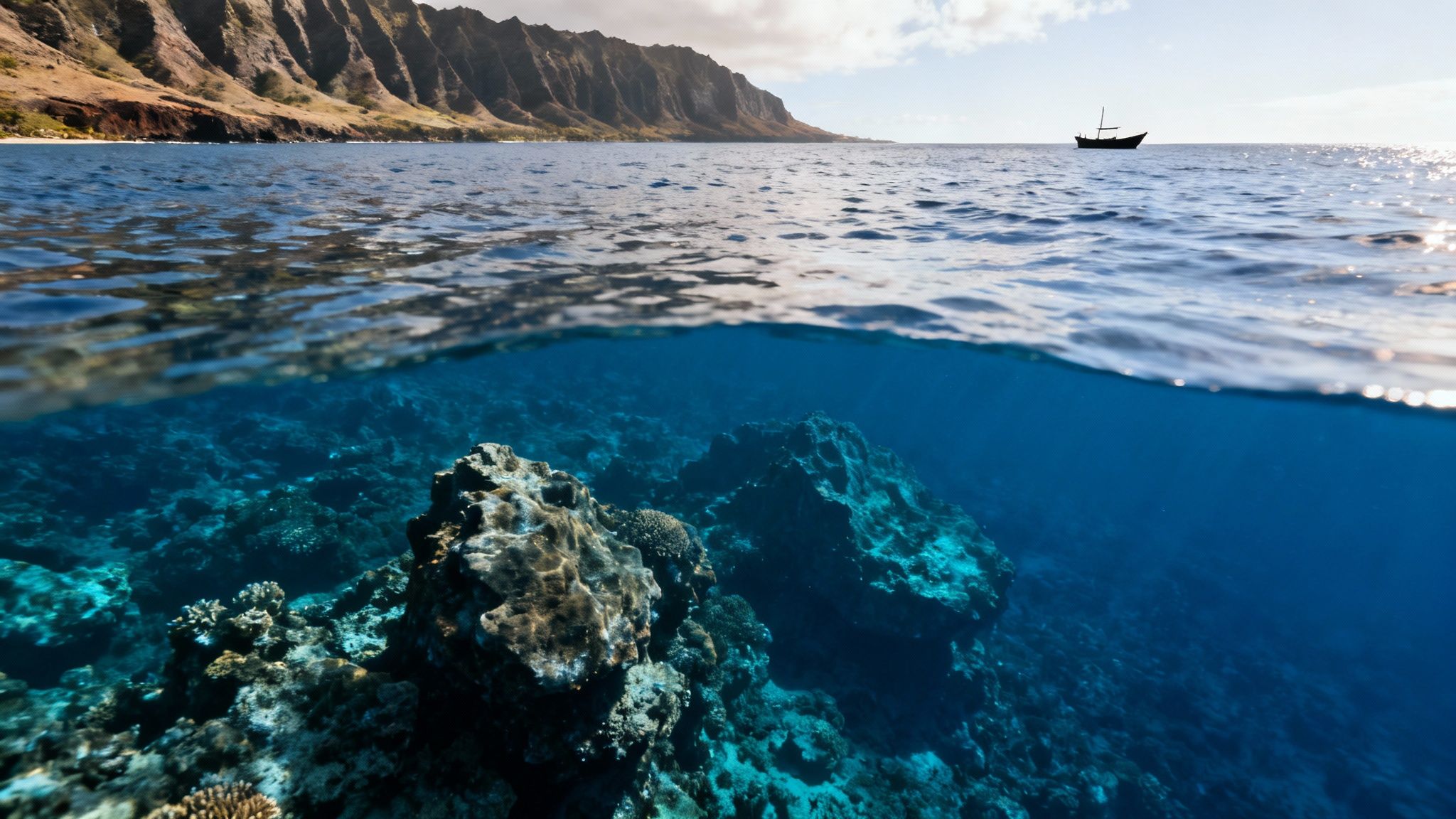 A stunning split-level view revealing vibrant coral reefs underwater and majestic mountains with a sailboat above.