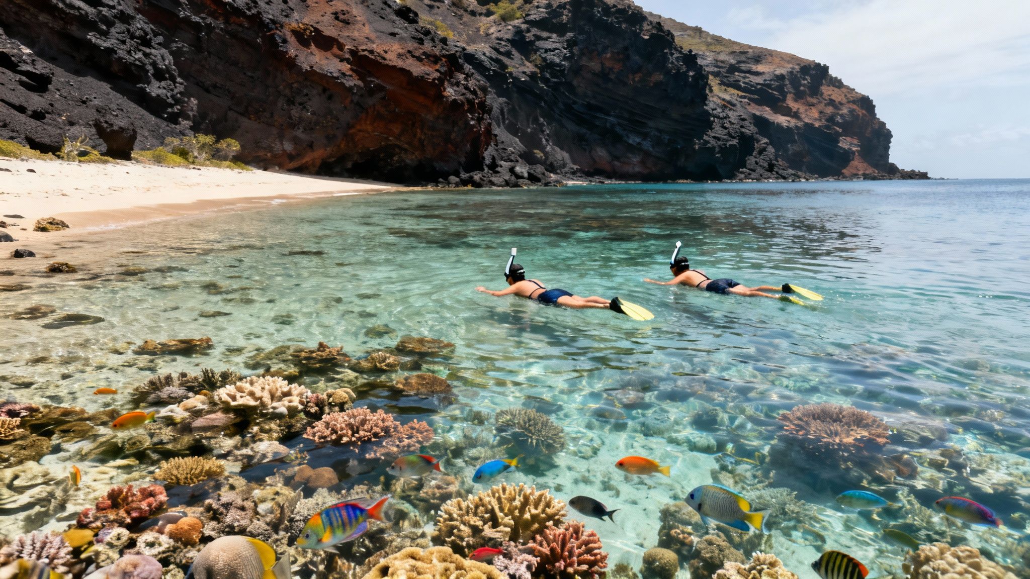 Two people snorkeling in clear blue water over a vibrant coral reef with colorful fish.