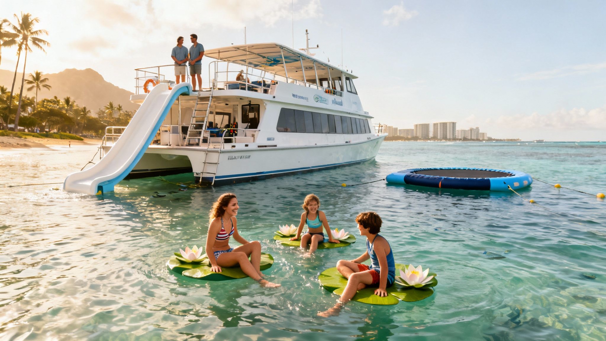 Family enjoying water activities with a boat, slide, and floating lily pads in Oahu.
