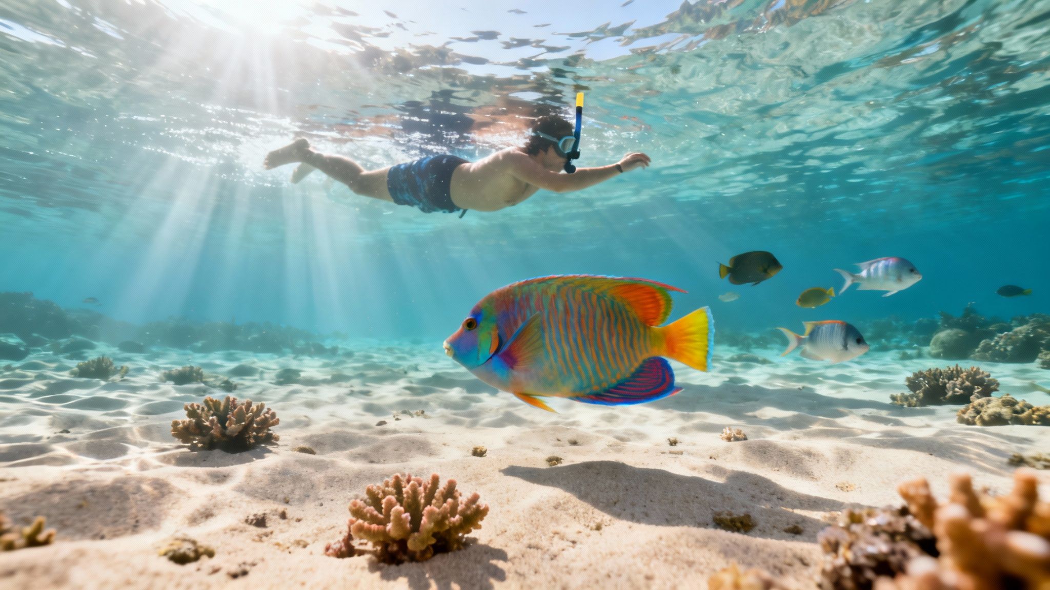 A man snorkeling in clear tropical water with colorful fish and coral reefs.