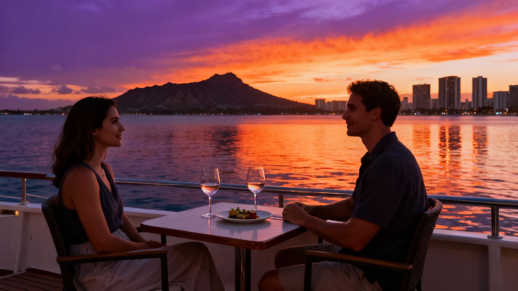 A romantic couple enjoys a beautiful sunset dinner cruise with drinks and scenic Honolulu views.