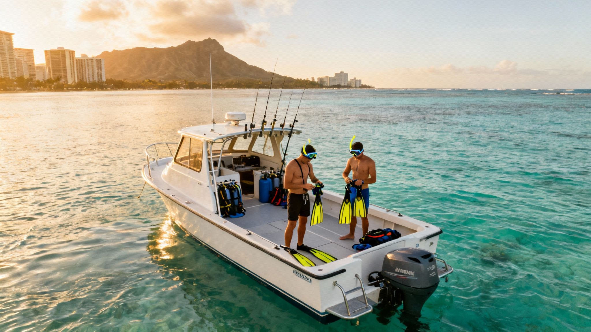 Two men on a boat preparing for snorkeling with Honolulu skyline and Diamond Head at sunset.