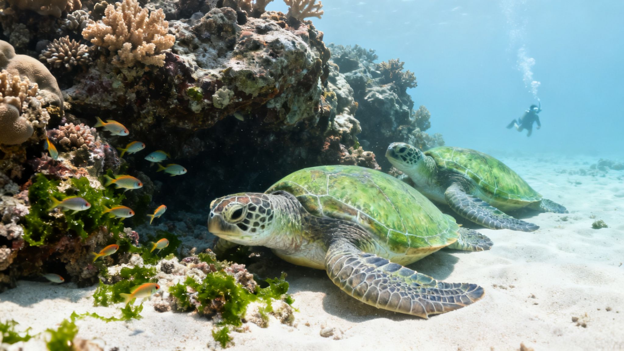 Two green sea turtles rest on a sandy ocean floor next to colorful coral reefs, with a diver in the background.