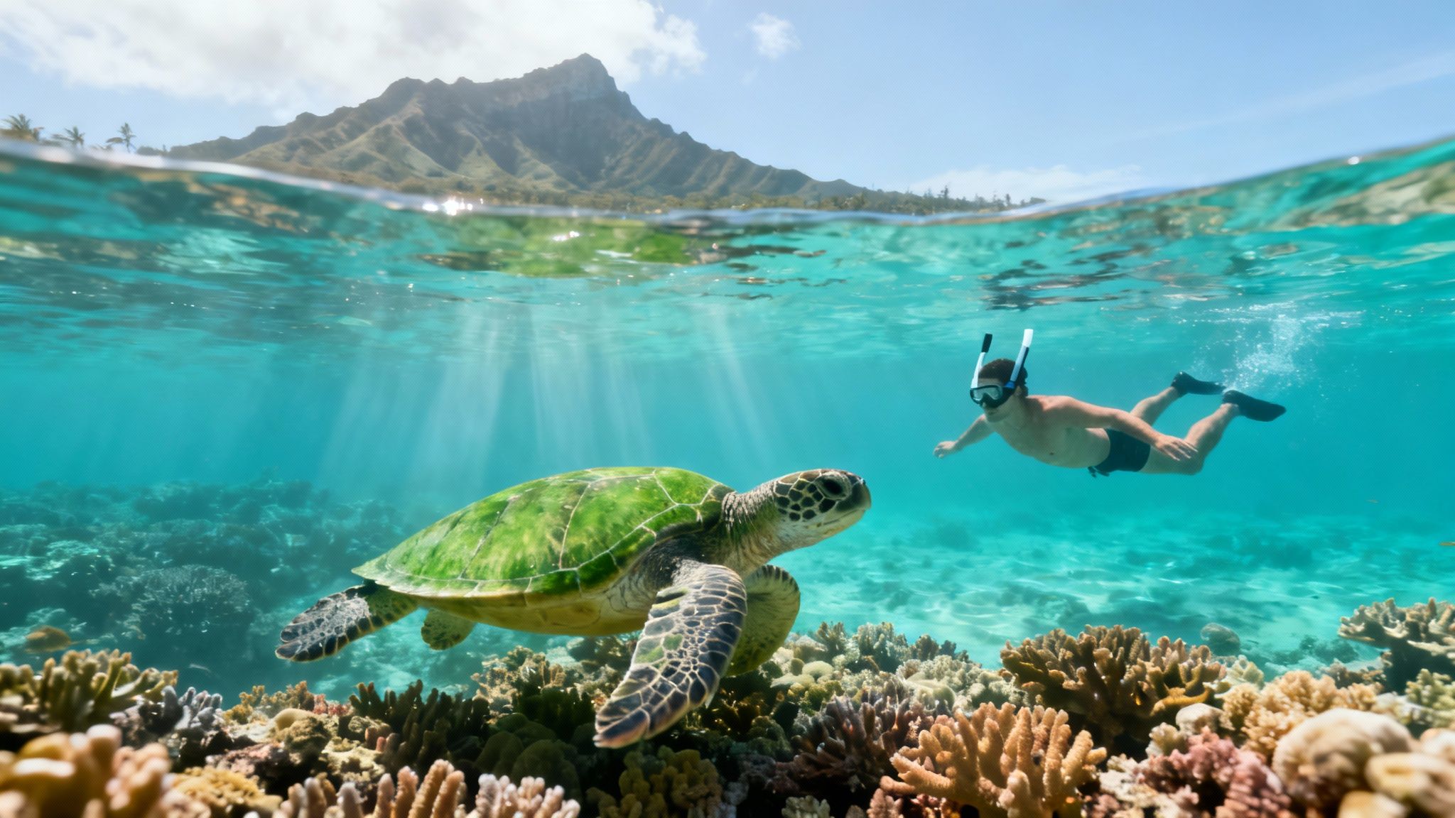 A man snorkels next to a green sea turtle above a vibrant coral reef, with a tropical island in the background.