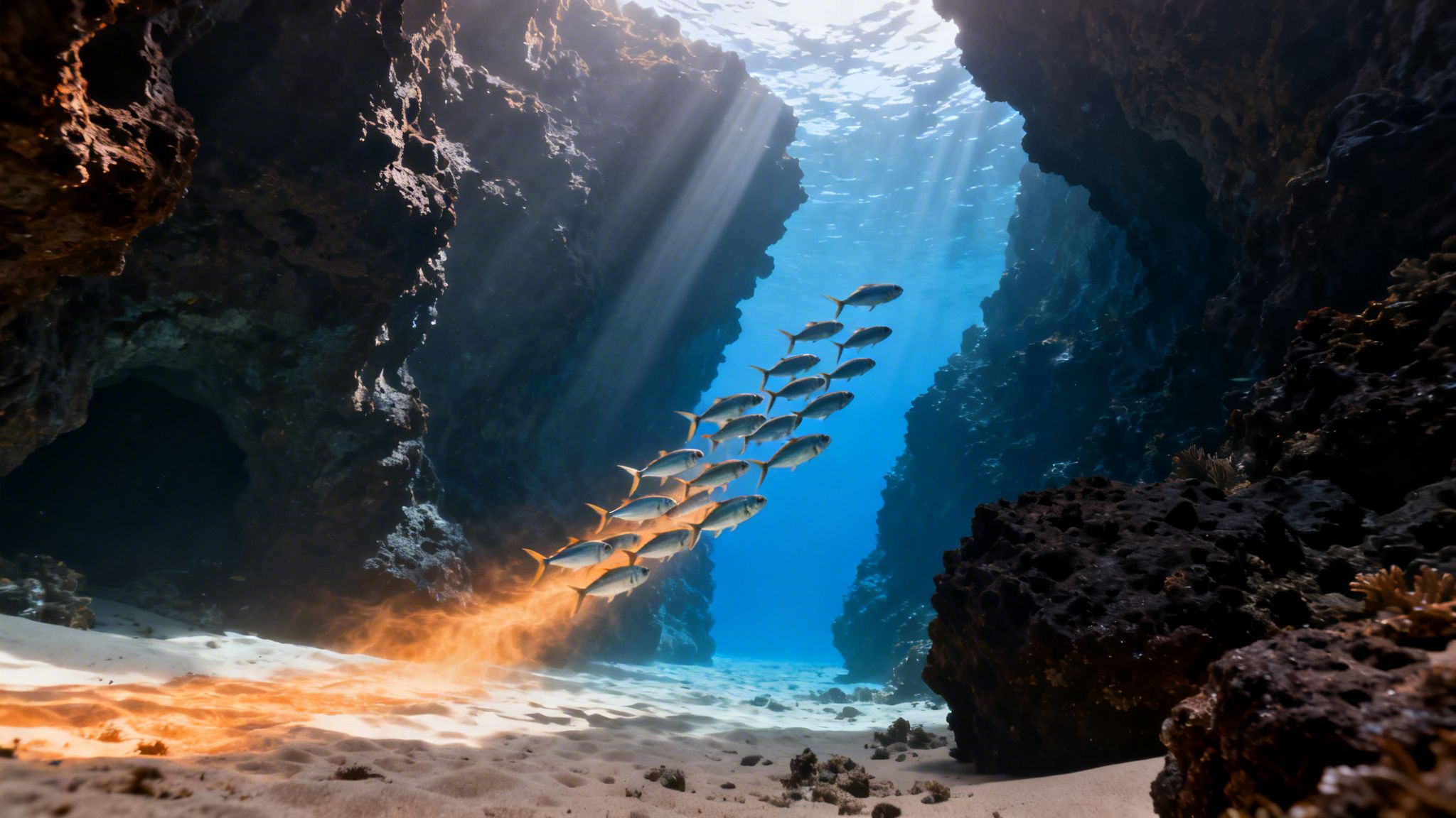 A school of silver fish swims through an underwater canyon with sun rays and orange sediment on the seafloor.