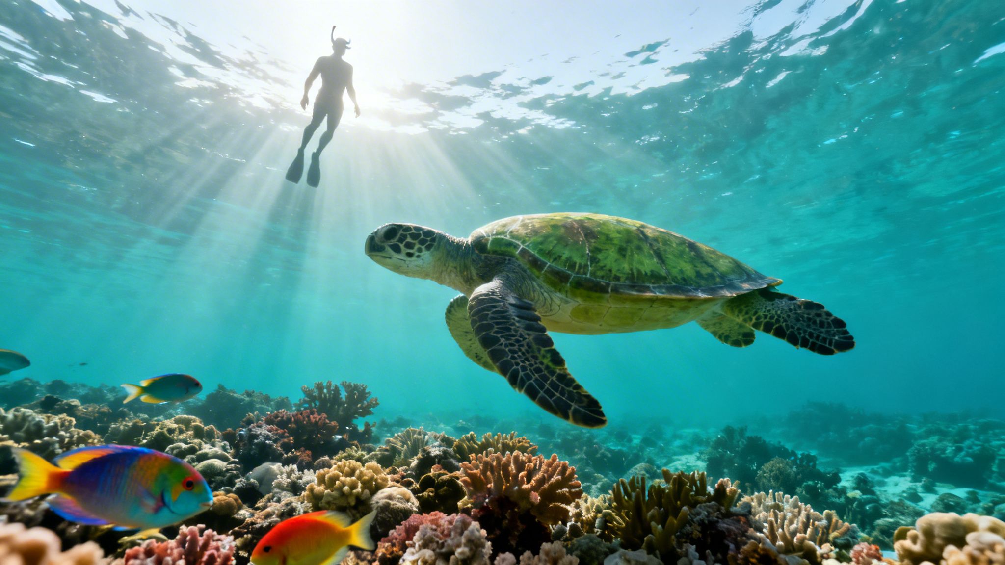 A snorkeler swims above a green sea turtle near a colorful coral reef with sun rays.