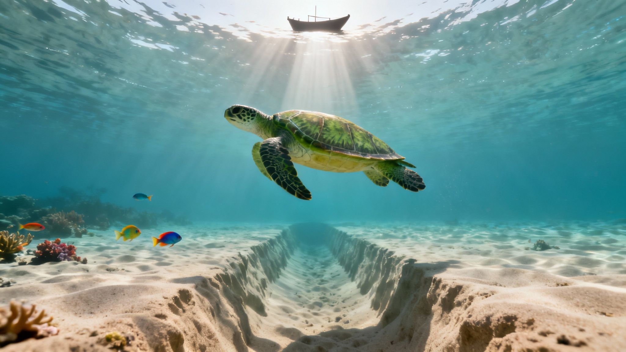 A green sea turtle swims gracefully underwater amidst coral, vibrant fish, and sunlit ocean surface with a boat.