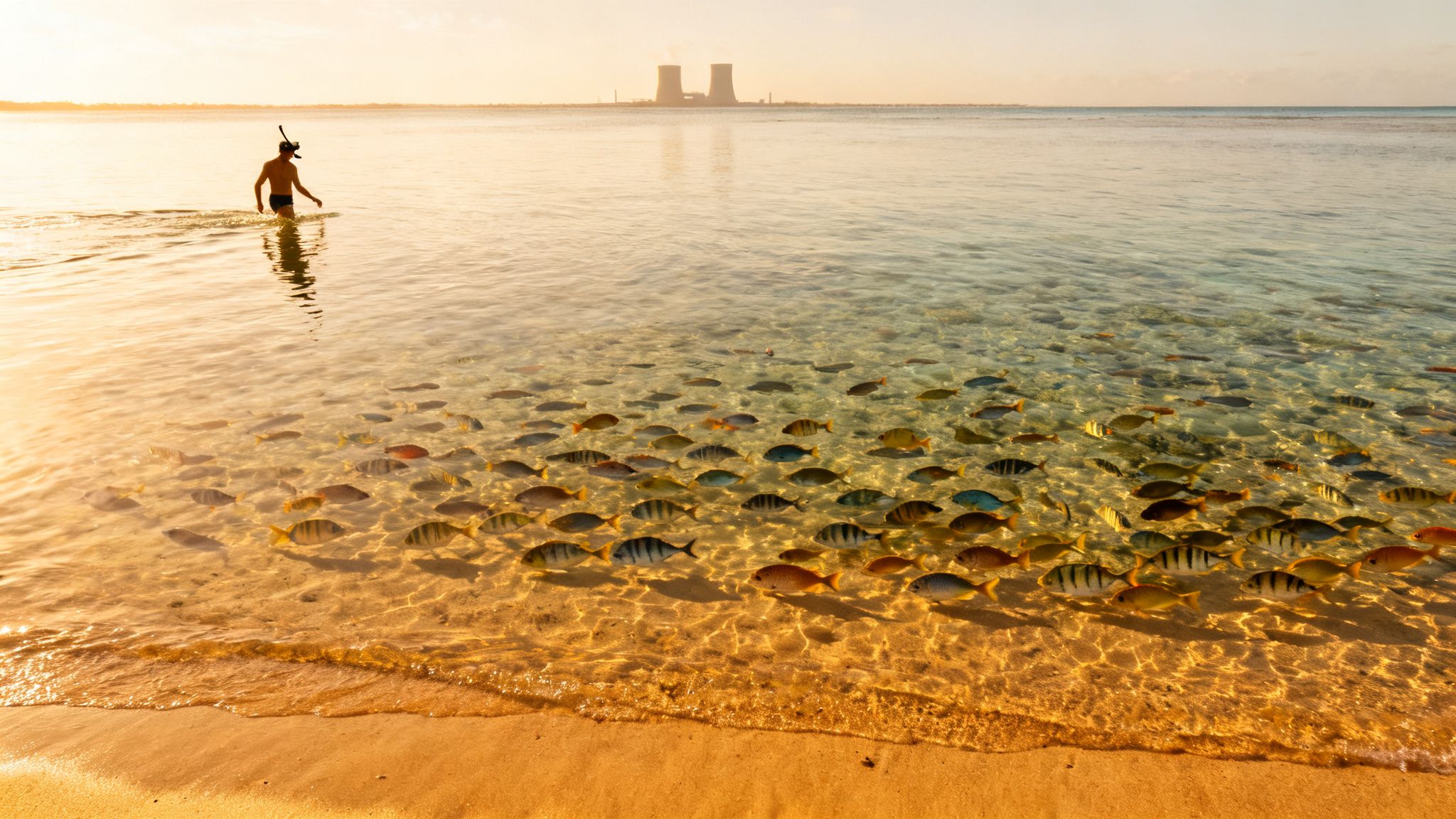 A snorkeler wades into clear shallow ocean water full of fish, with distant cooling towers.