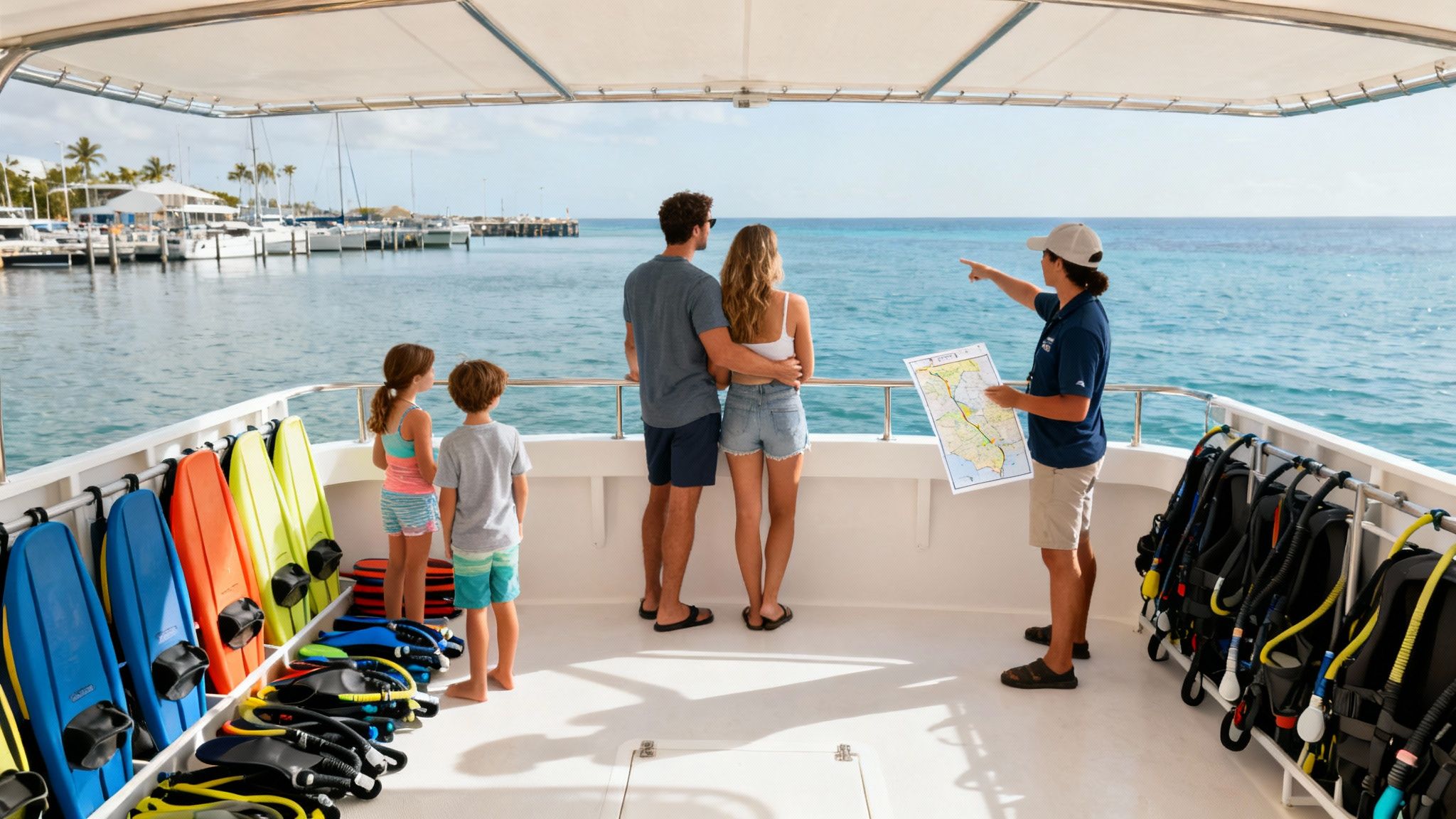 Family on a boat tour with a guide pointing to snorkeling spots on a map in clear blue waters.