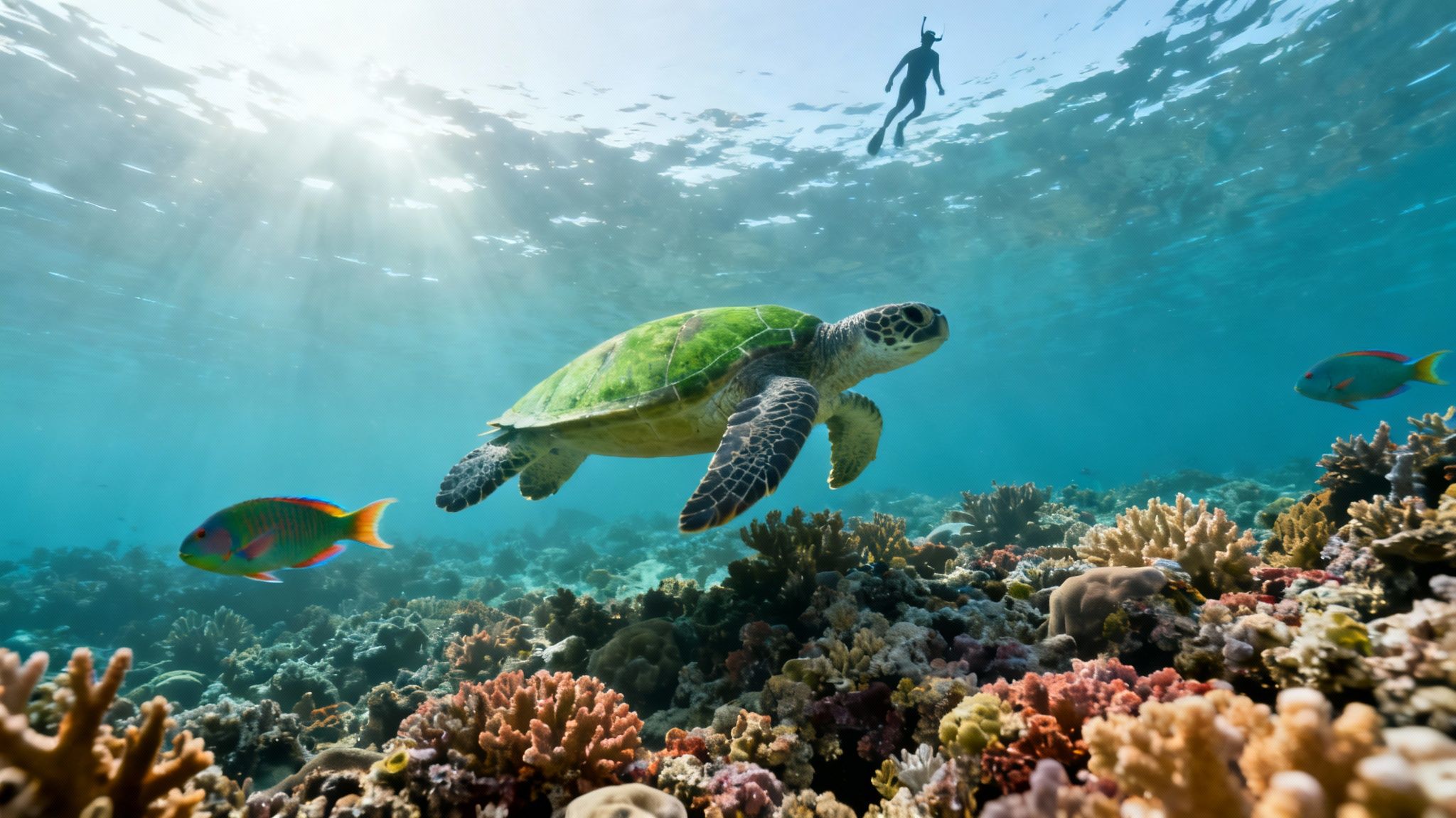 A majestic green sea turtle glides gracefully over a vibrant coral reef, while a snorkeler observes from above, illuminated by sunbeams.