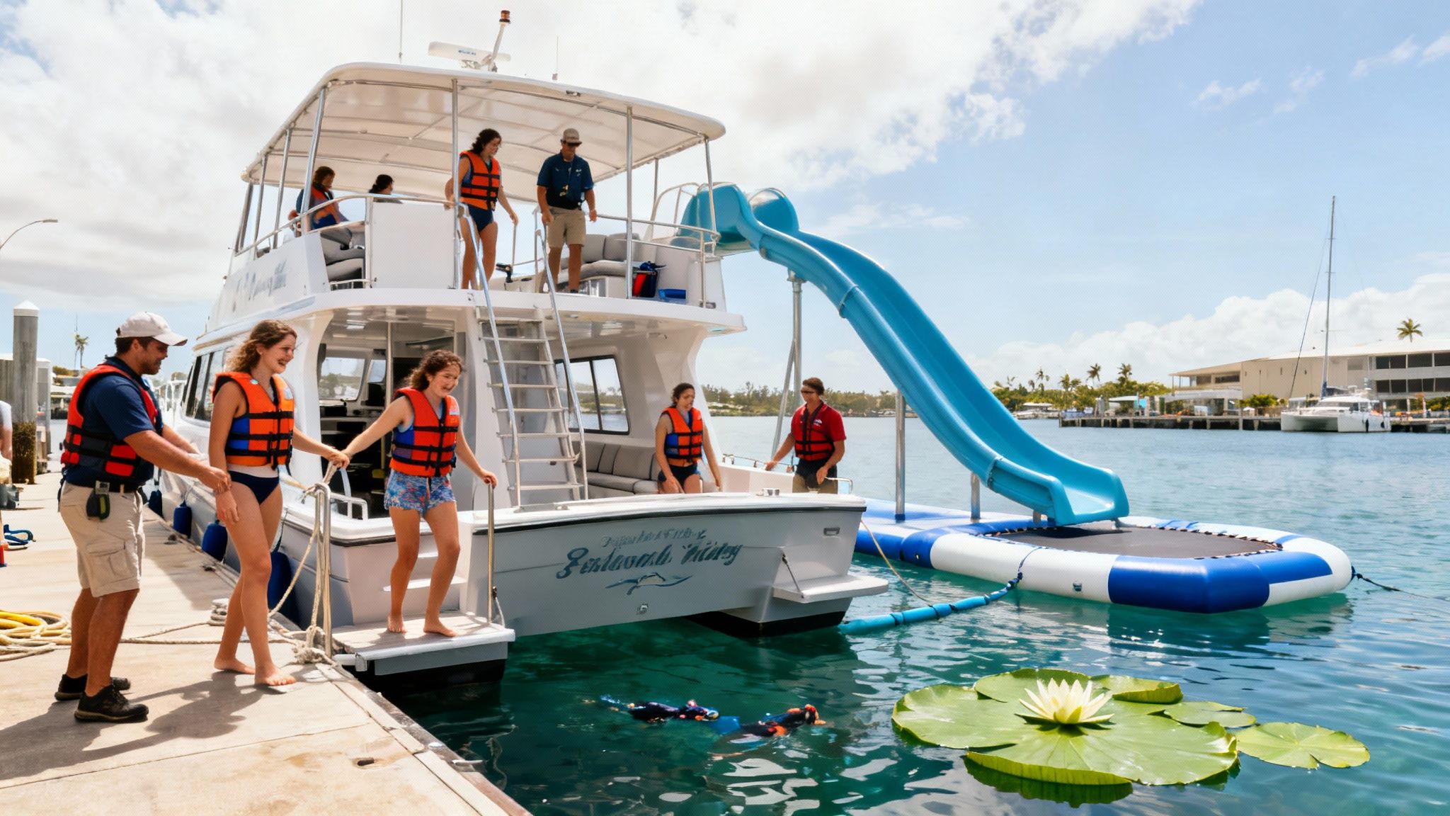 Tourists in life vests board a boat with a water slide for snorkeling in Hawaii.
