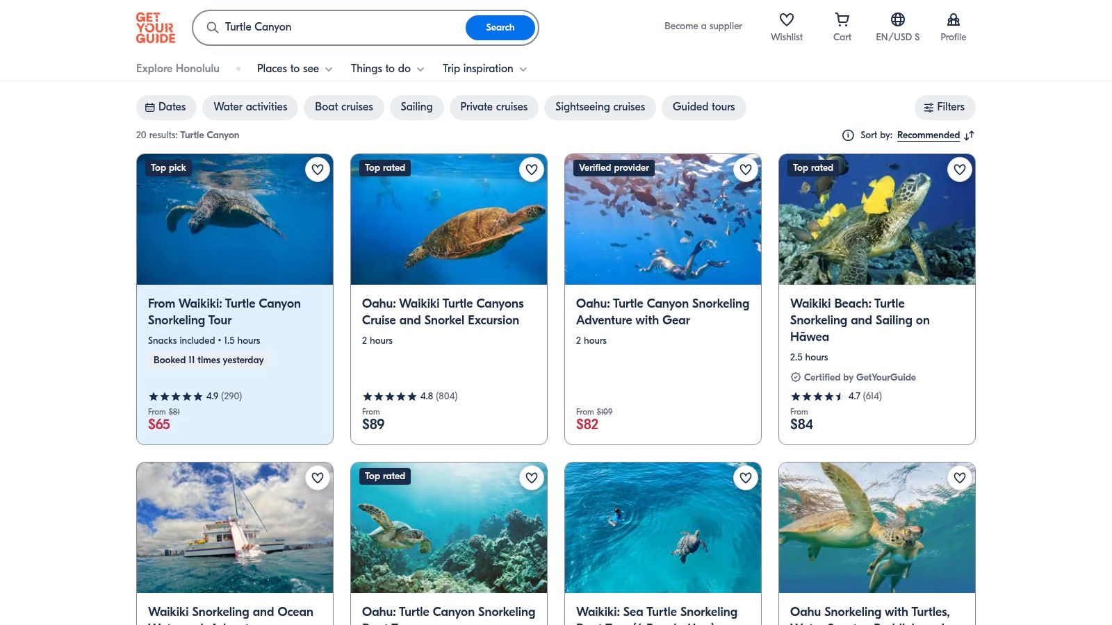 GetYourGuide — Turtle Canyon/Oʻahu snorkeling marketplace