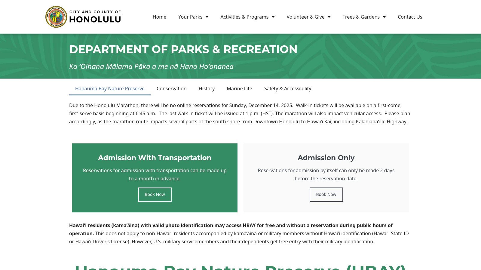 Hanauma Bay Nature Preserve — official site (City & County of Honolulu)