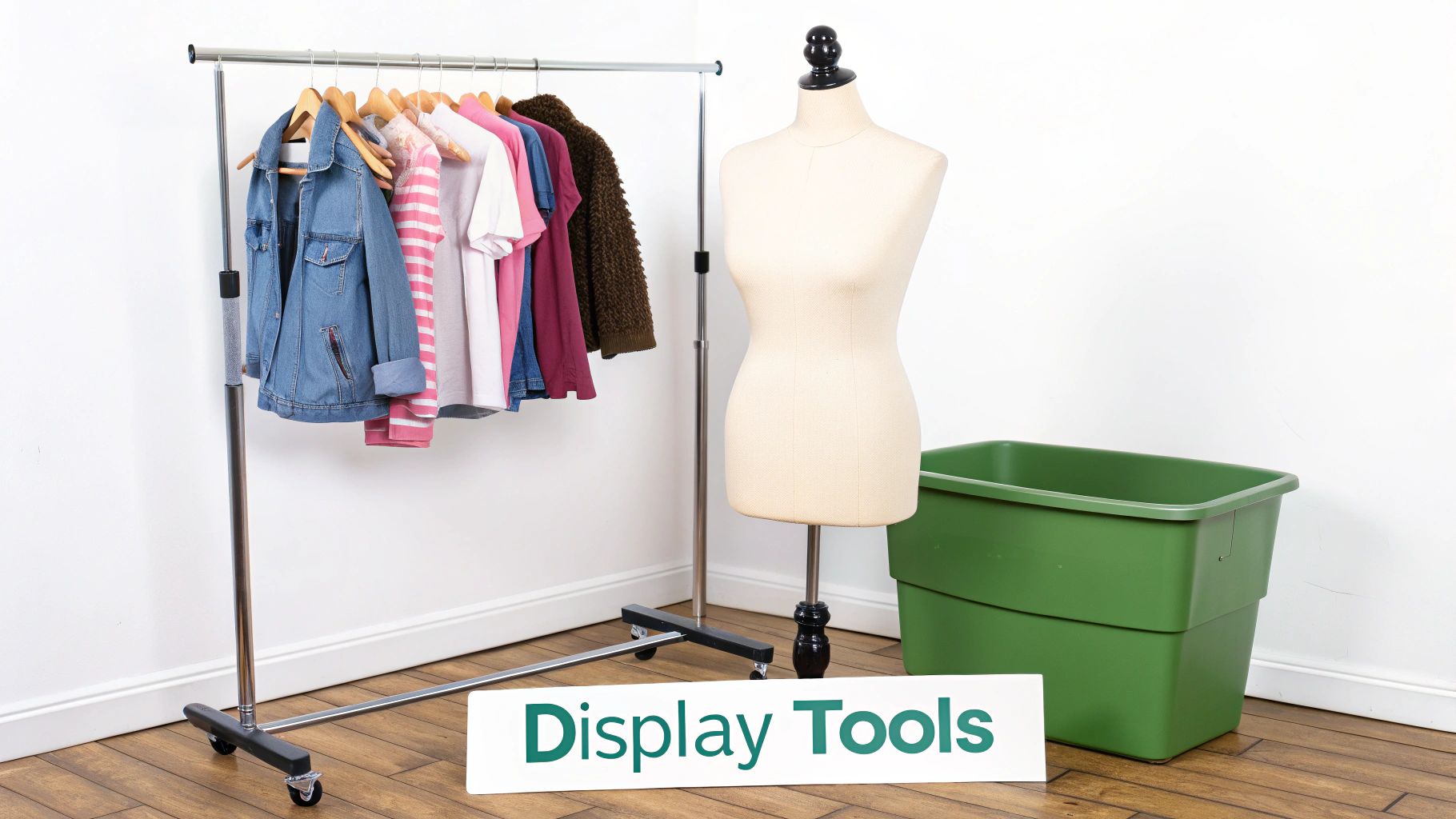 A retail scene featuring a clothing rack with garments, a mannequin, and a green storage bin.