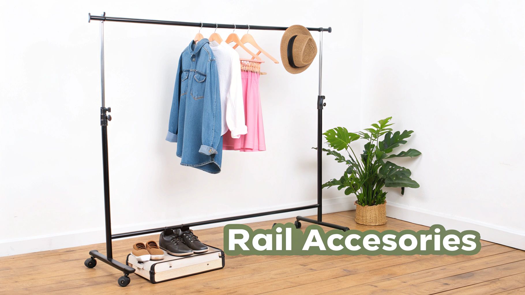 A sturdy black clothes rail displays various garments, a straw hat, shoes, and a green plant.