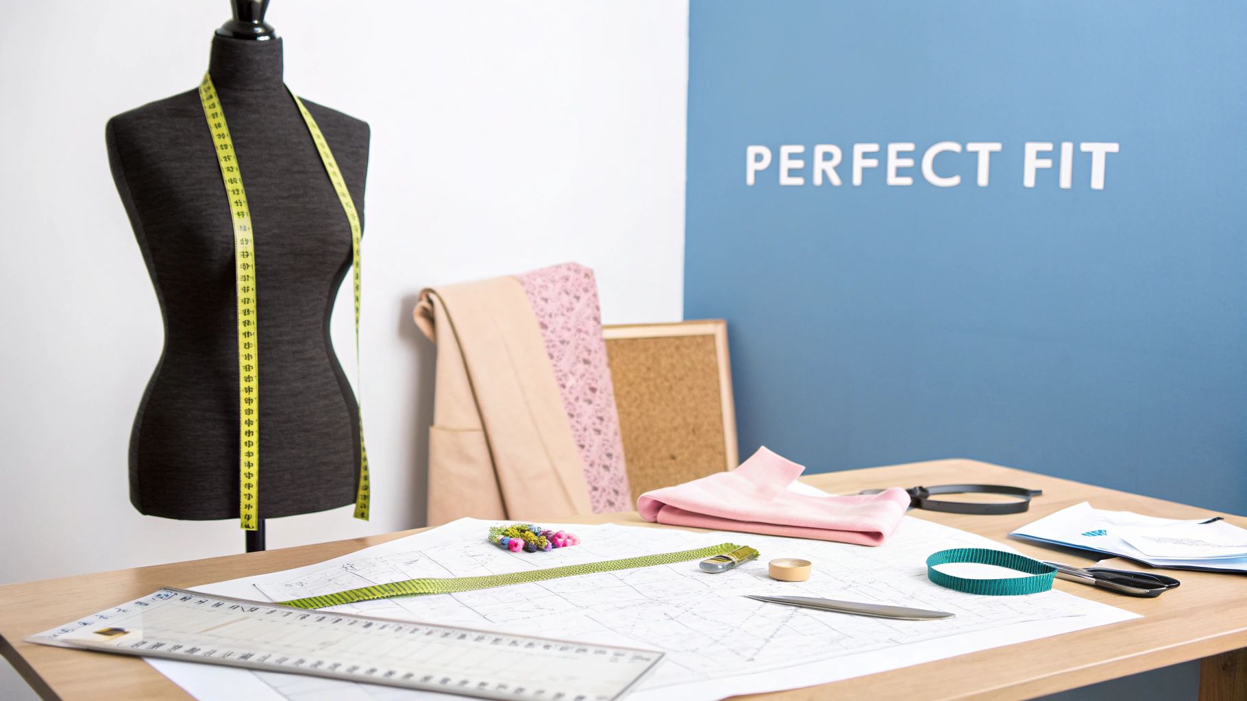 A fashion design workspace with a mannequin, measuring tape, sewing patterns, tools, and fabrics.