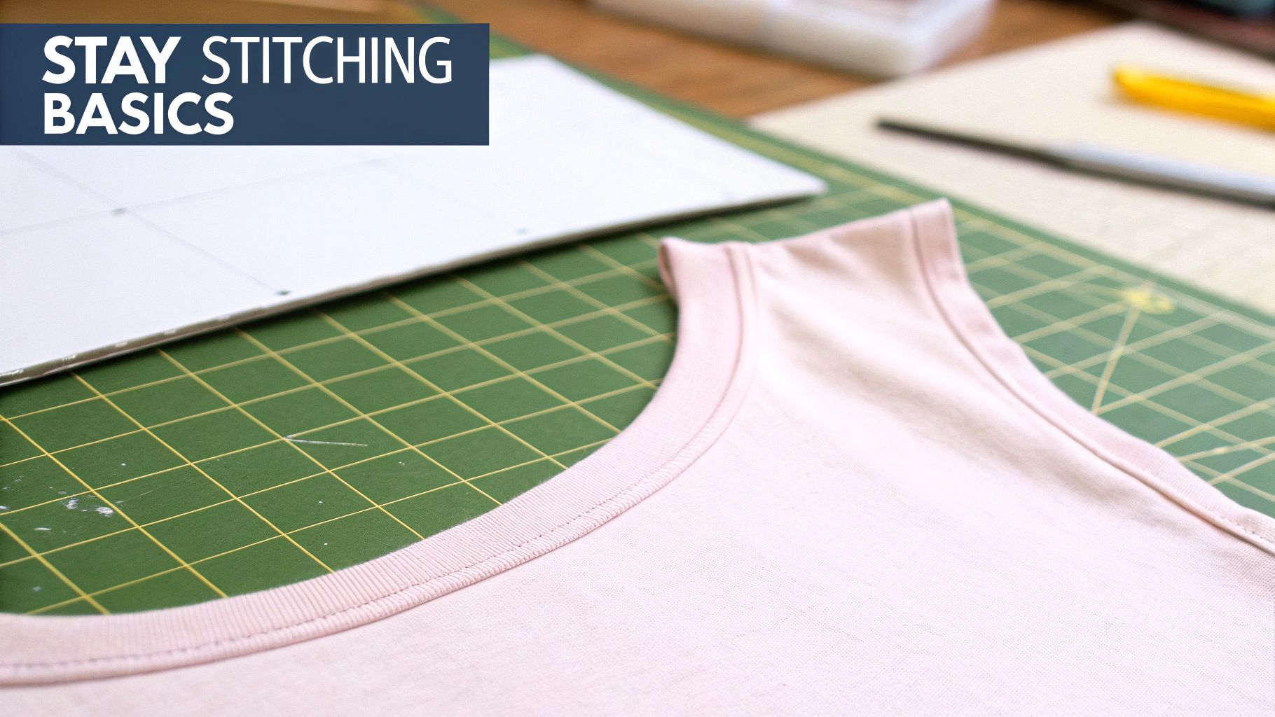 A sewing machine needle stitching along the curved edge of a blue fabric pattern piece.