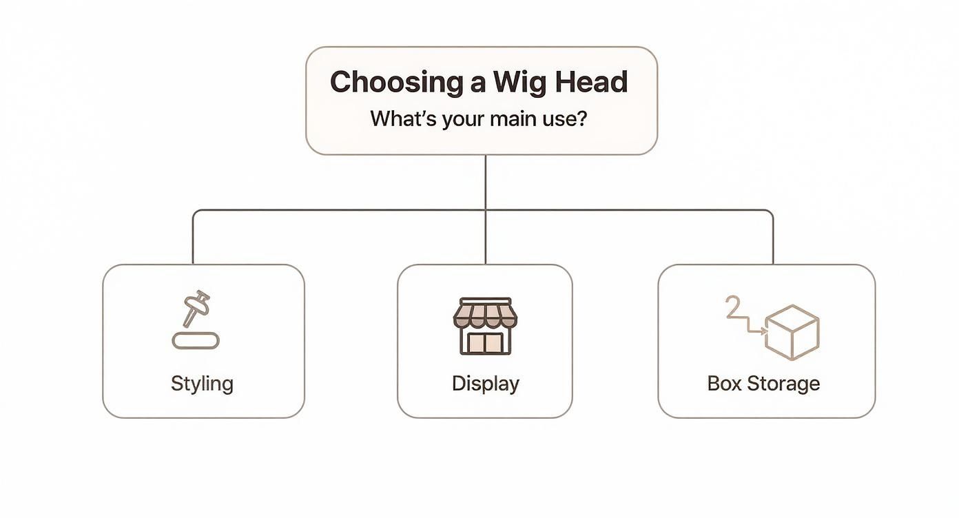 A flowchart illustrating the main uses for a wig head, including styling, display, and box storage.