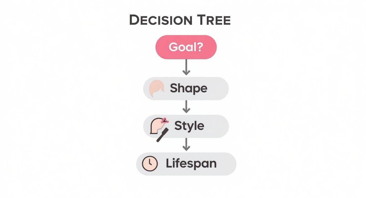 Infographic decision tree for choosing a wig head mannequin based on styling goals, shaping needs, and desired lifespan.