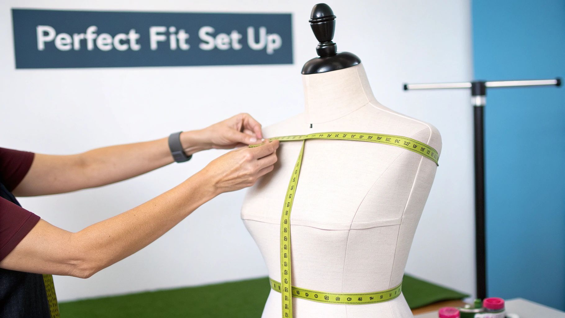 A person carefully adjusting the dials on their adjustable tailors dummy