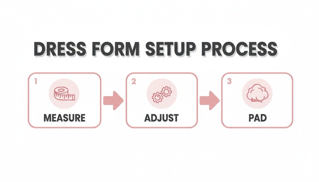 Diagram illustrating the three-step dress form setup process: measure, adjust, and pad.