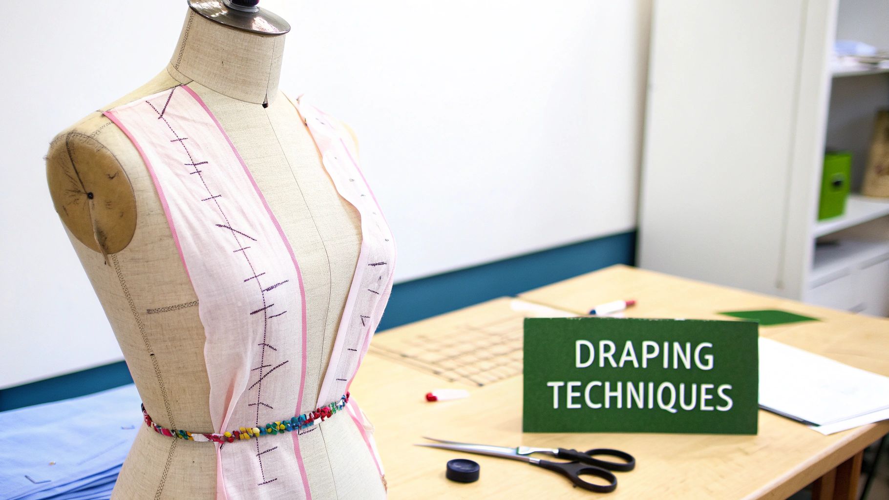 A dress form with pink fabric draped and marked, featuring a 'Draping Techniques' sign and sewing tools.