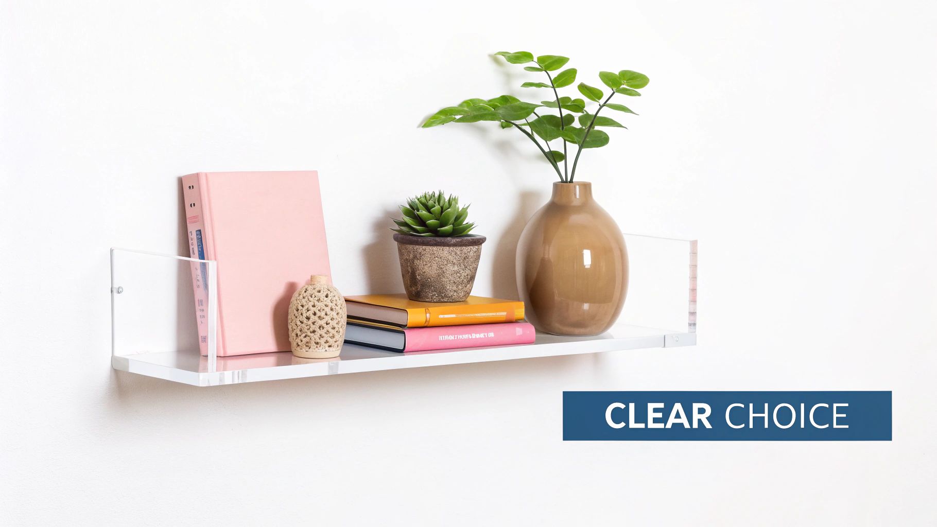 A clear acrylic floating shelf mounted on a white wall, displaying books, a succulent, and vases.