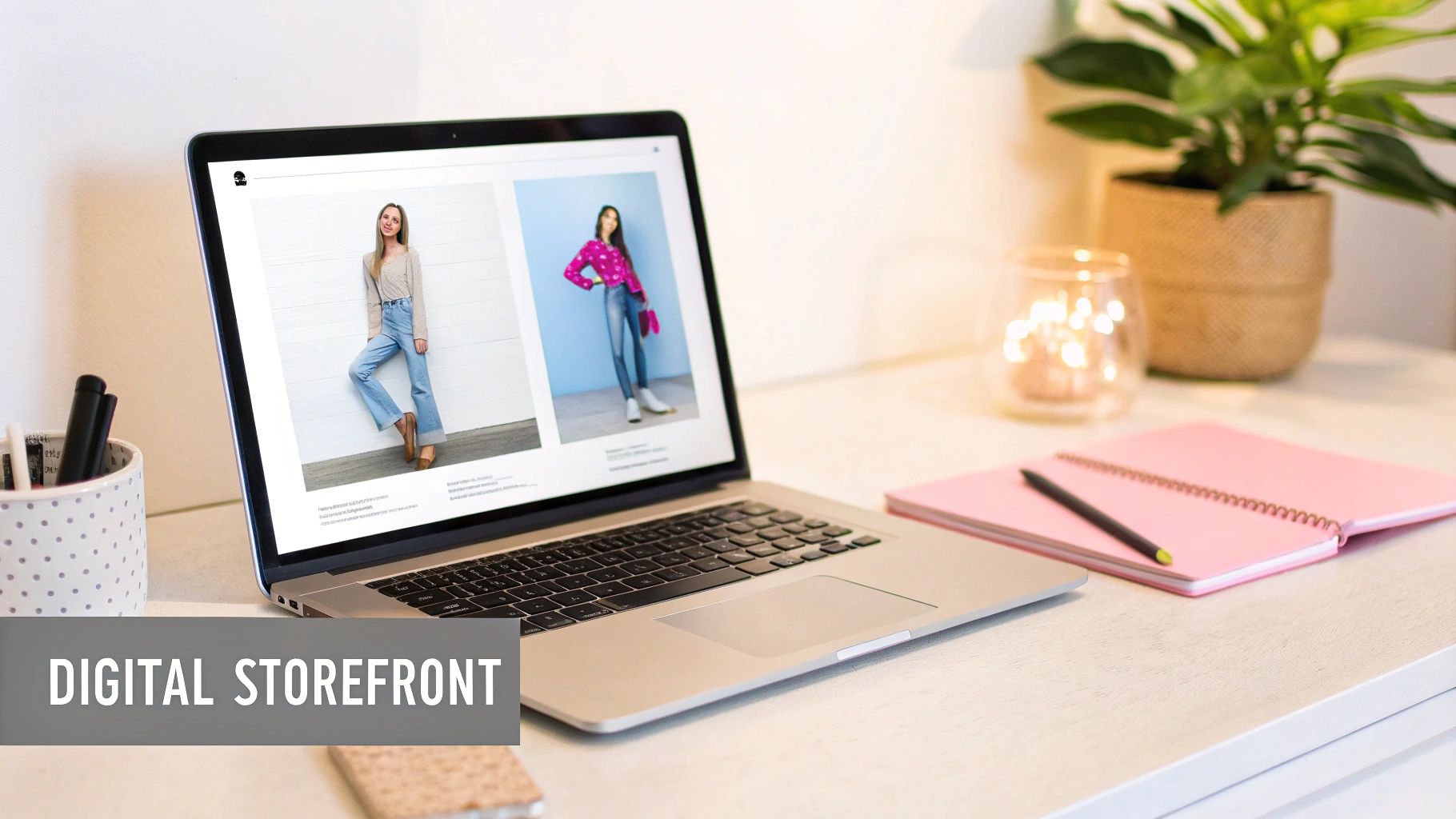 A person working on a laptop with fashion sketches and fabric swatches on their desk