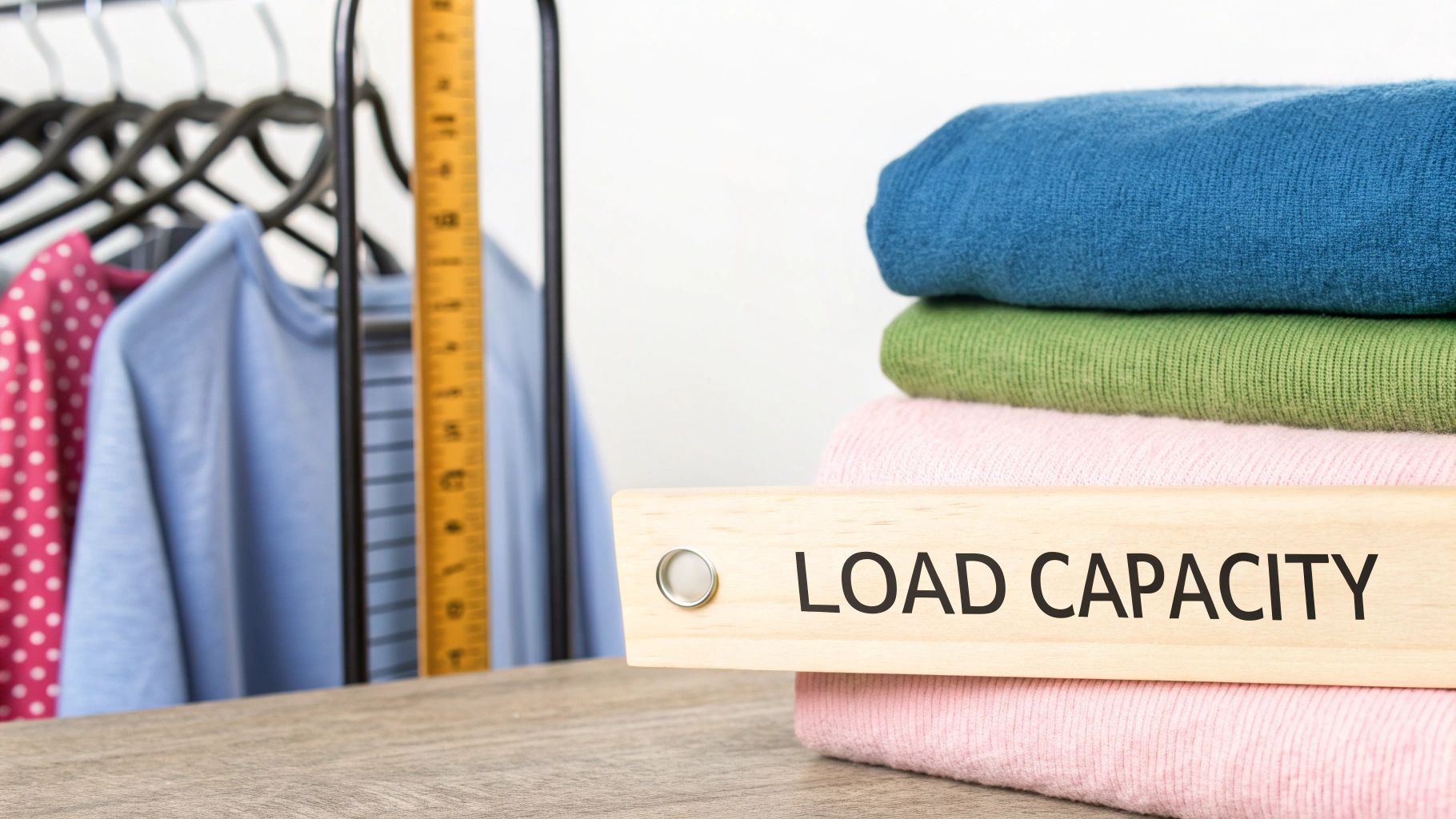 A wooden sign reading 'LOAD CAPACITY' rests on folded clothes, with a clothes rack behind.