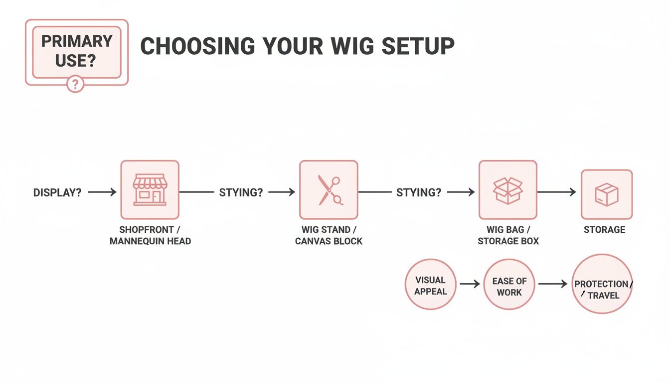 Flowchart for choosing a wig setup based on primary use, including display, styling, and storage needs.