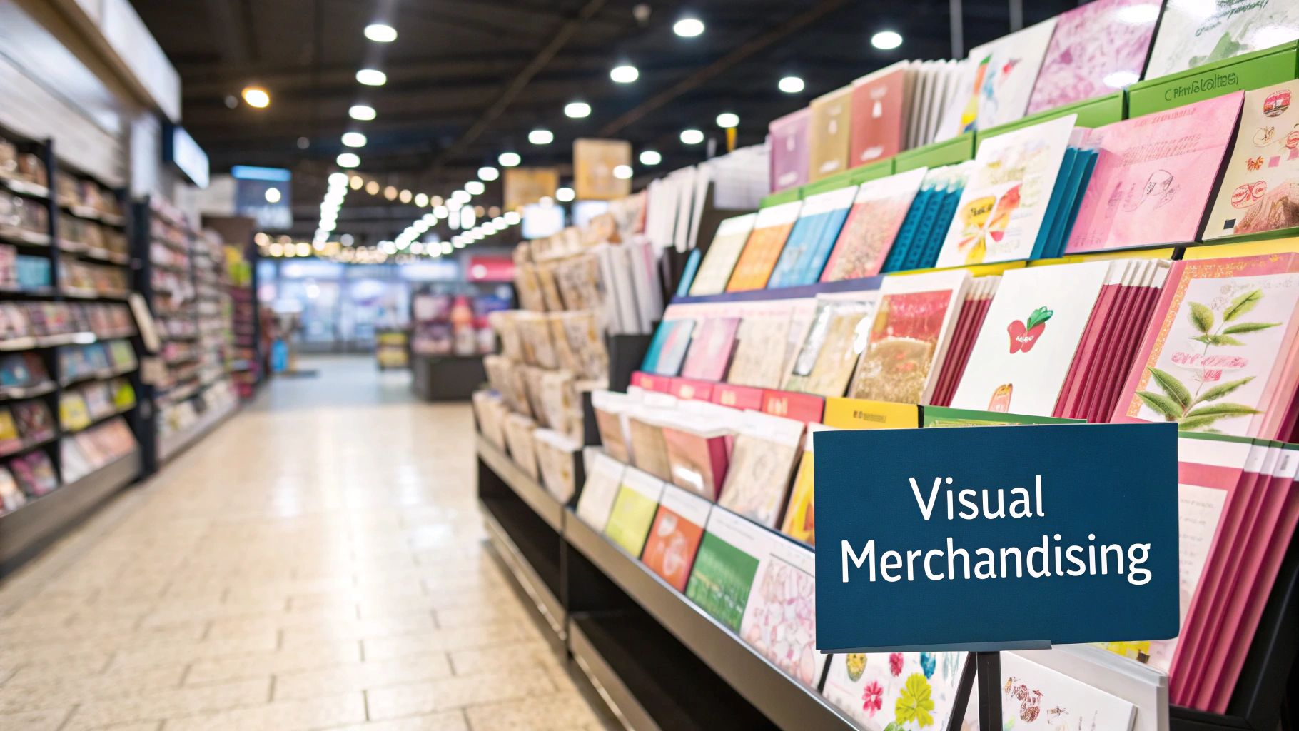 Colourful greeting cards neatly organised on a display stand in a well-lit retail store.