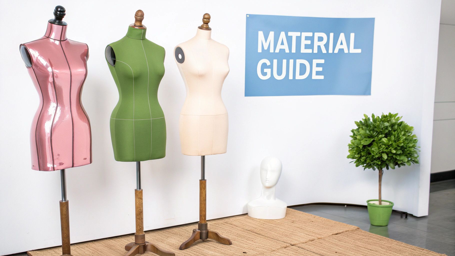 A studio shot showing three full-body female mannequins in pink, green, and cream, near a 'Material Guide' banner.