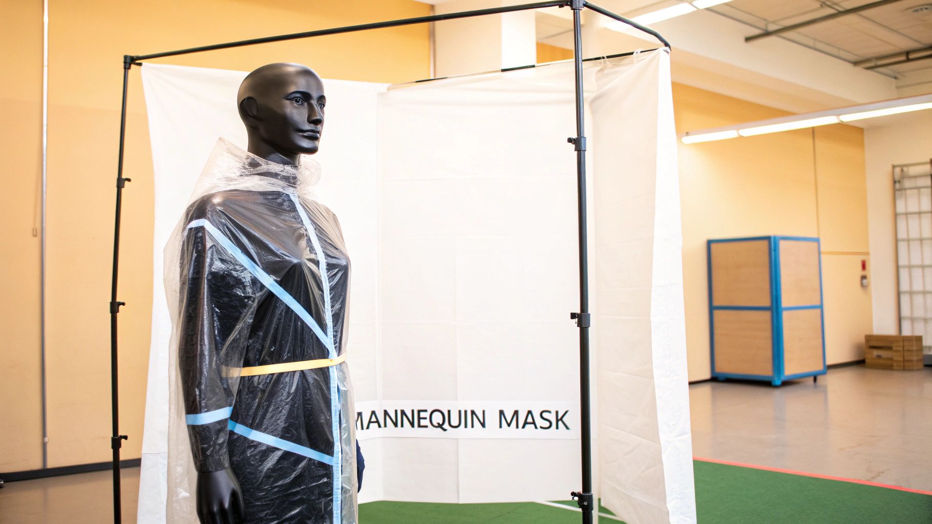 A black mannequin wears transparent plastic sheeting with blue and yellow tape inside a white booth.