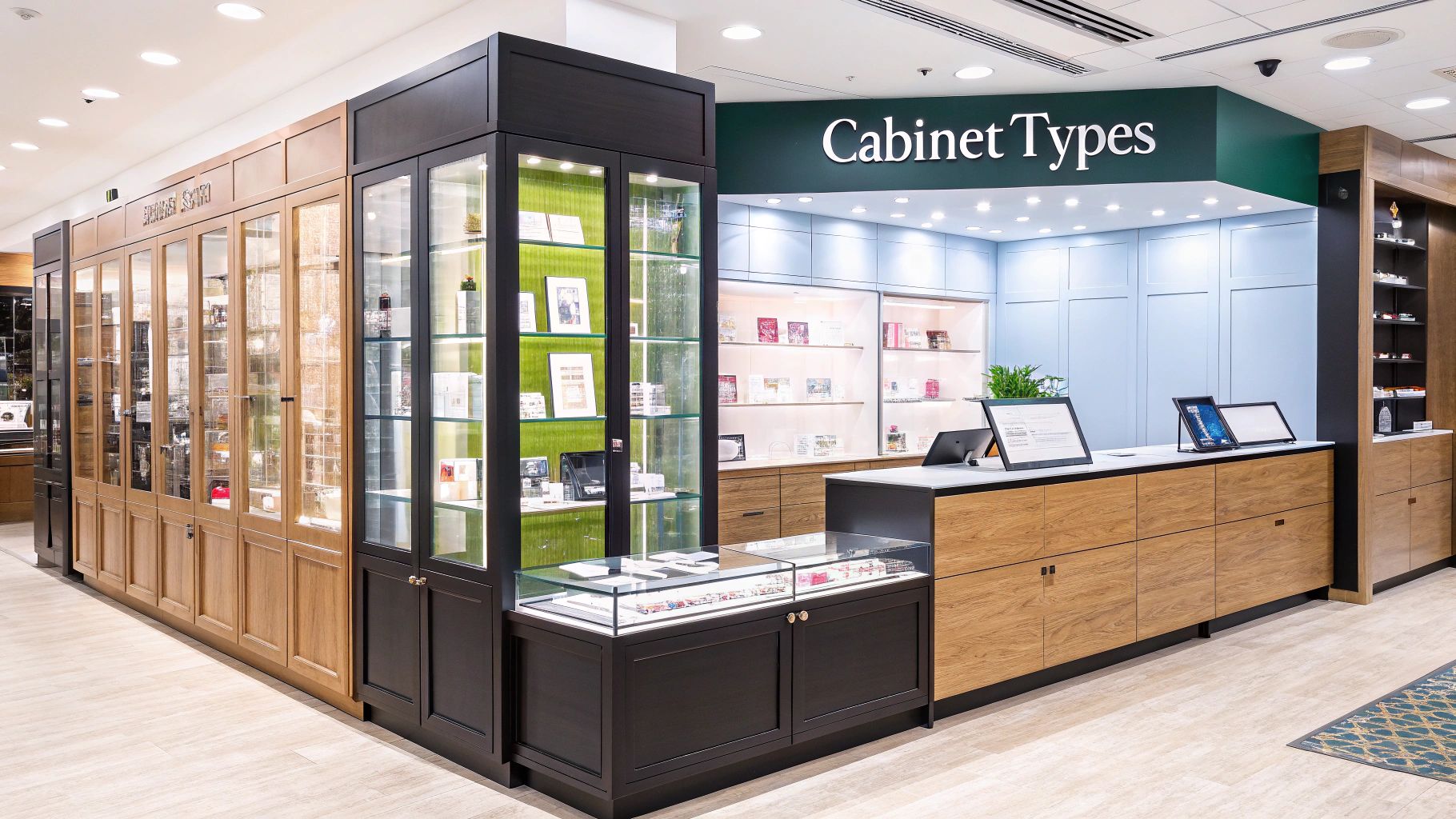 People walking through a well-laid-out shop with display cabinets.