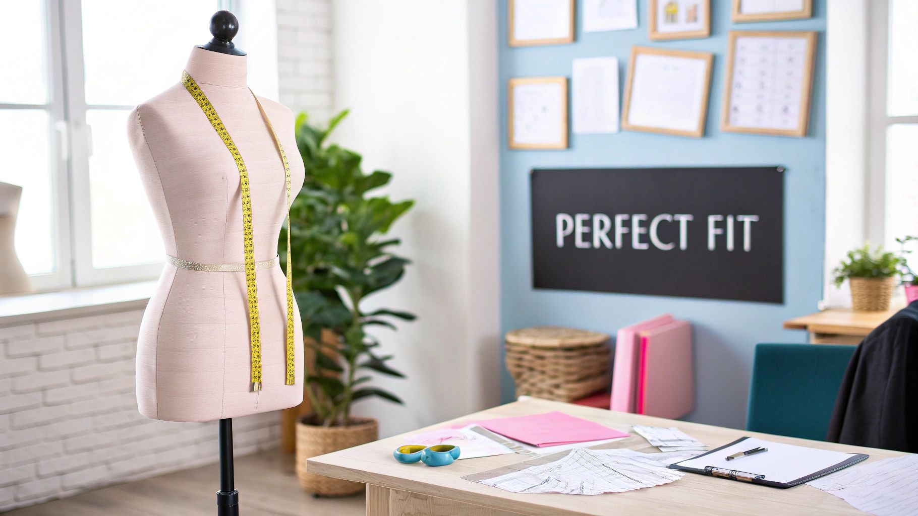 A dressmaker's workspace features a pink adjustable mannequin with a measuring tape, and a desk with sewing patterns.