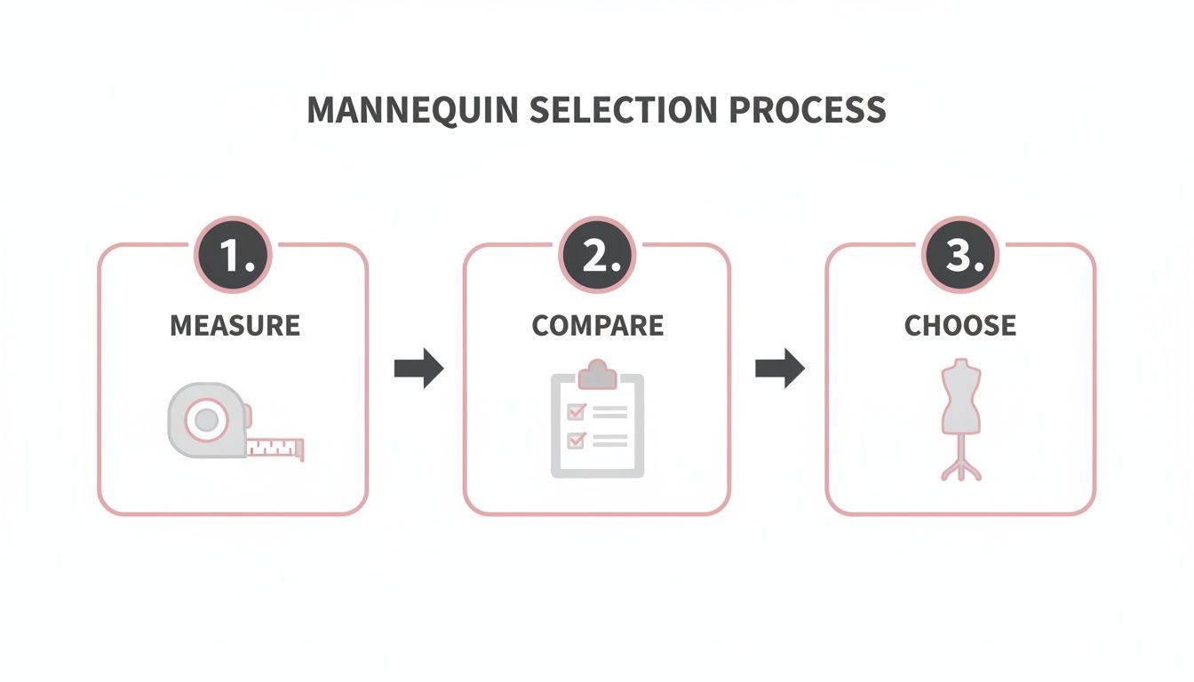 An infographic showing the 3-step mannequin selection process: measure, compare, and choose a dress form.