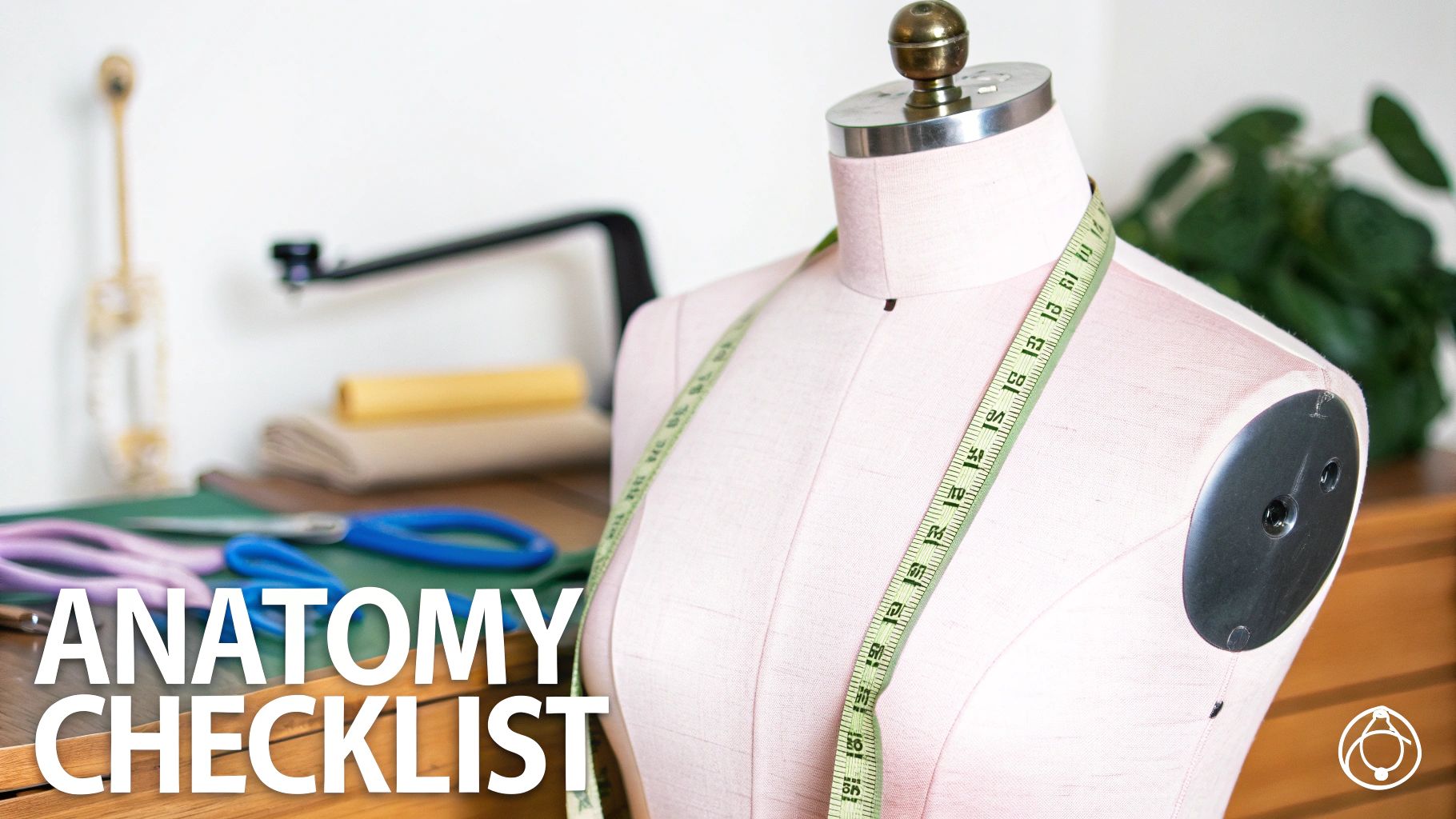 Pink tailor's adjustable dummy with a measuring tape, alongside sewing tools and a skeleton, promoting 'ANATOMY CHECKLIST'.