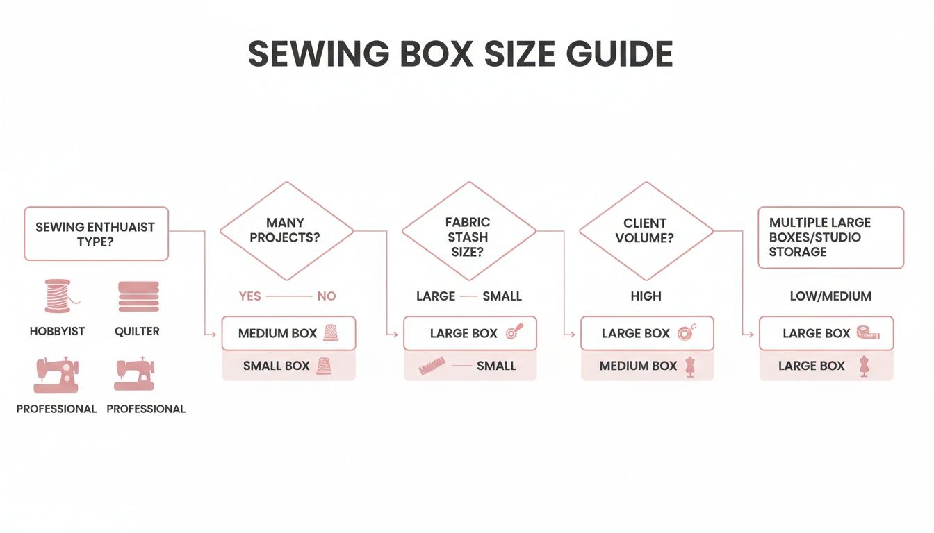 A flowchart guiding users to select the right sewing box size based on their enthusiast type and project needs.