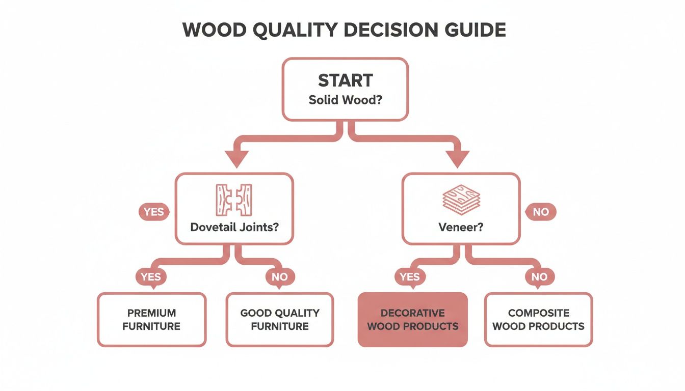 Flowchart guiding wood quality decisions based on solid wood, dovetail joints, and veneer properties.