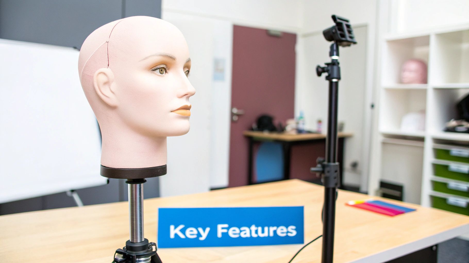 A close-up of a mannequin head stand's adjustment knob, highlighting the focus on features