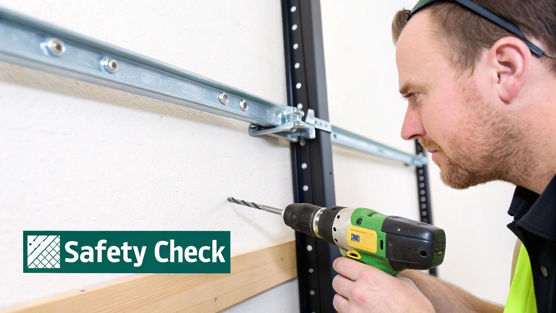 A man in safety glasses drills a hole in a white wall for a heavy-duty hanging rail system.
