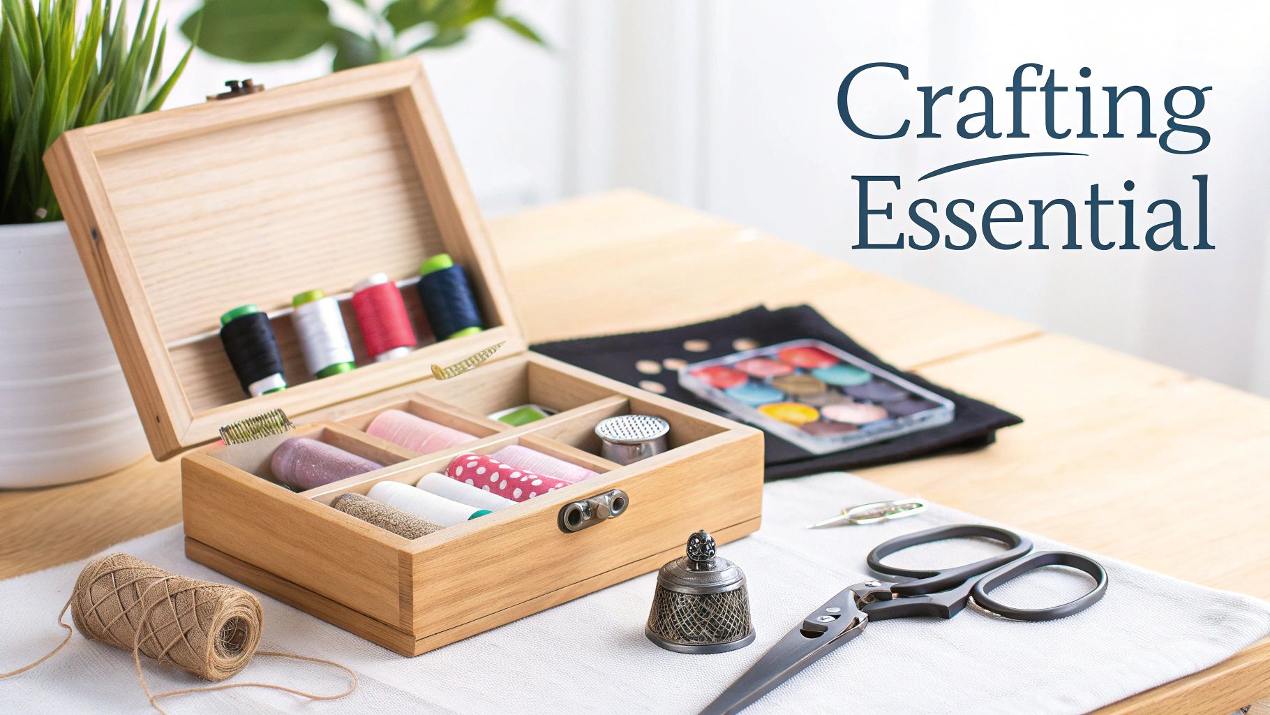 An open wooden sewing box with colorful threads, thimble, scissors, and other crafting supplies.