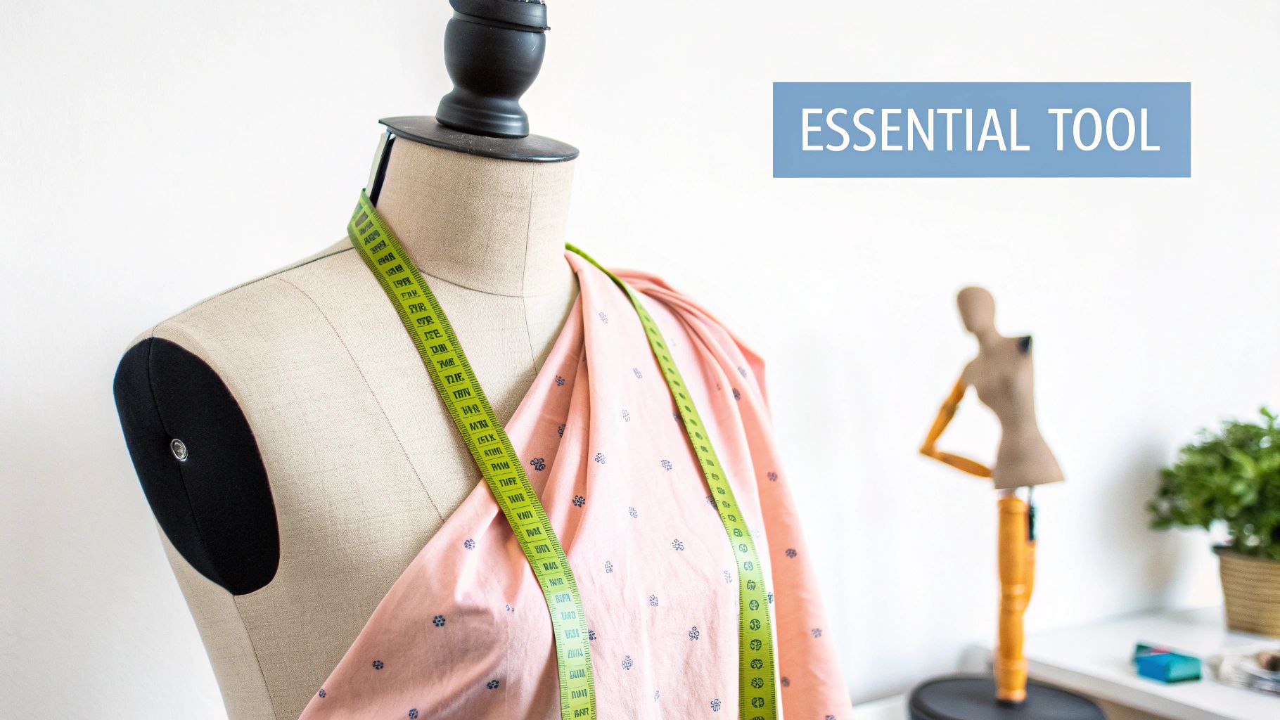 Close-up of a dressmaking mannequin draped with pink fabric and a green measuring tape, an essential tool for tailoring.