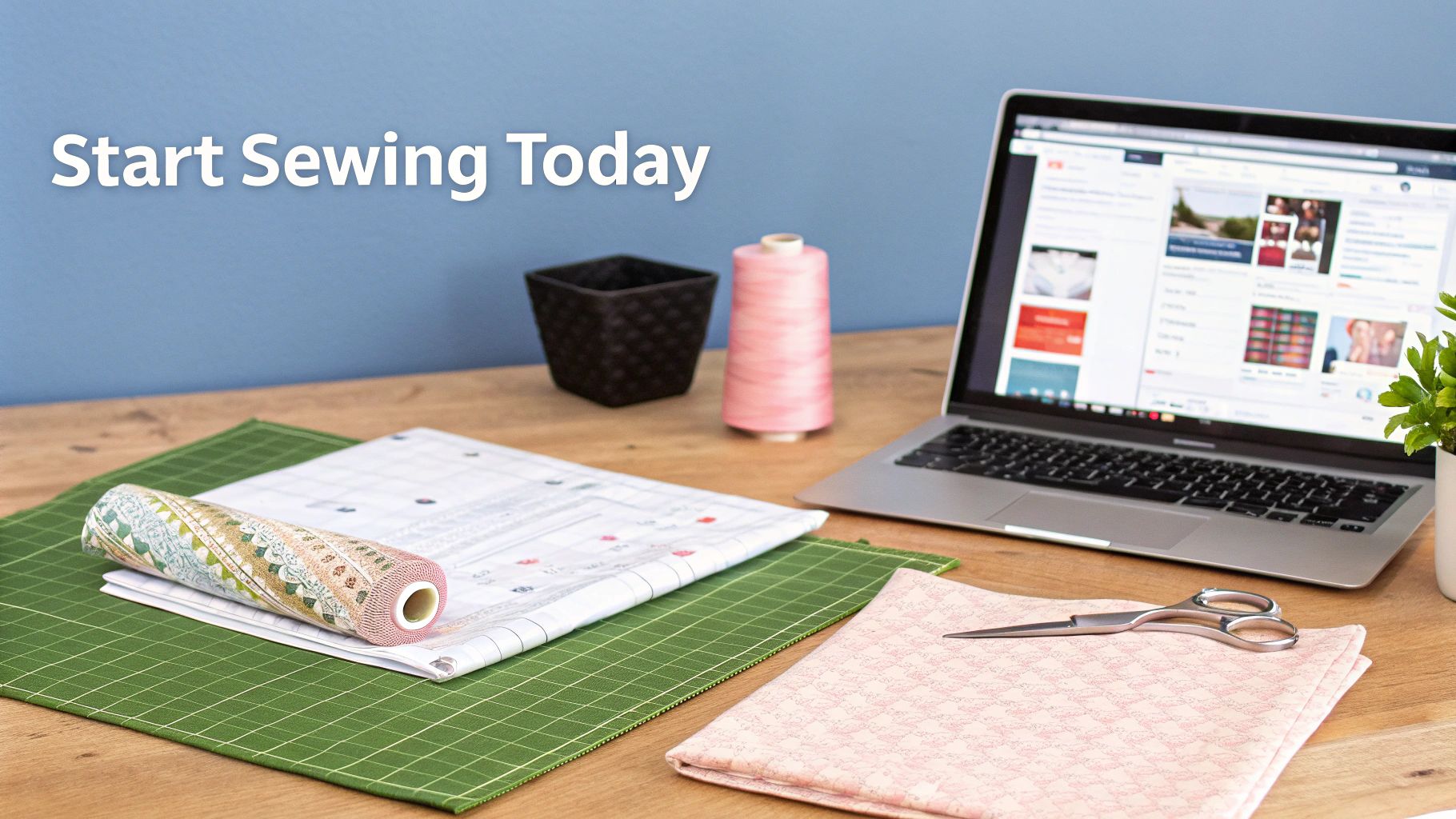 A sewing workspace with a laptop, fabric, thread, and scissors, featuring the text 'Start Sewing Today'.