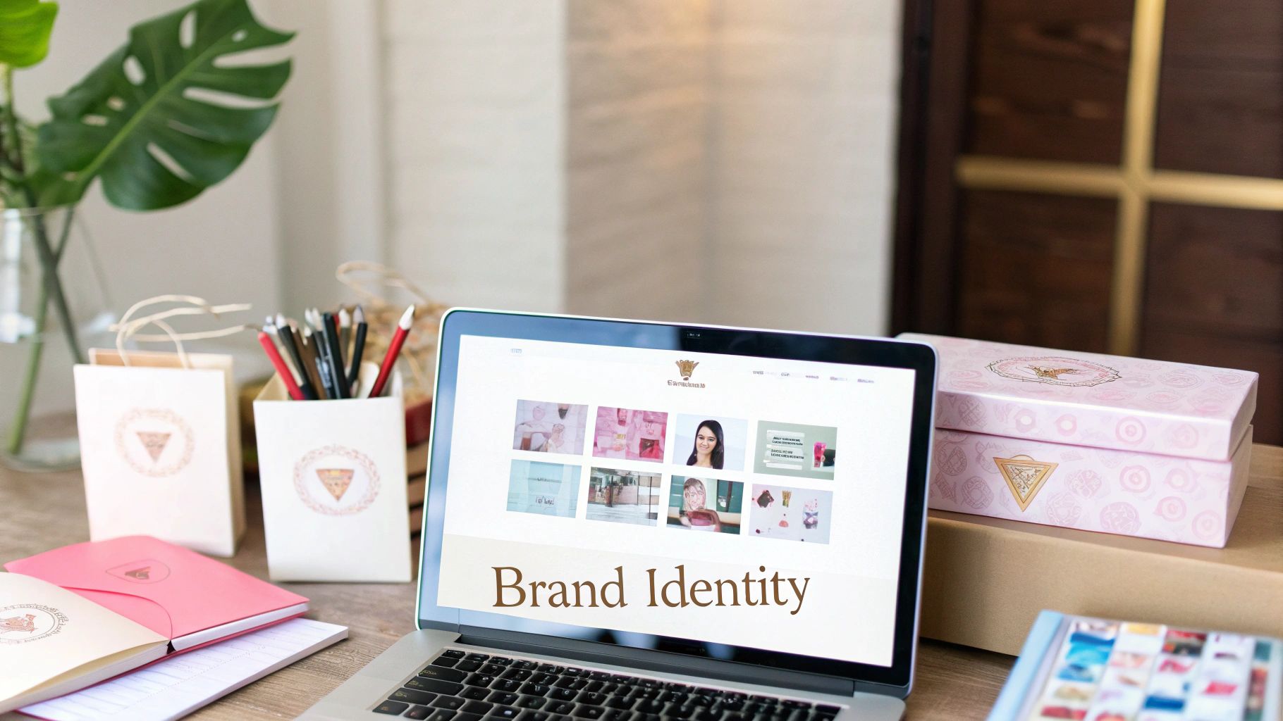 A laptop displays 'Brand Identity' on screen, surrounded by branded gift bags, boxes, and notebooks.