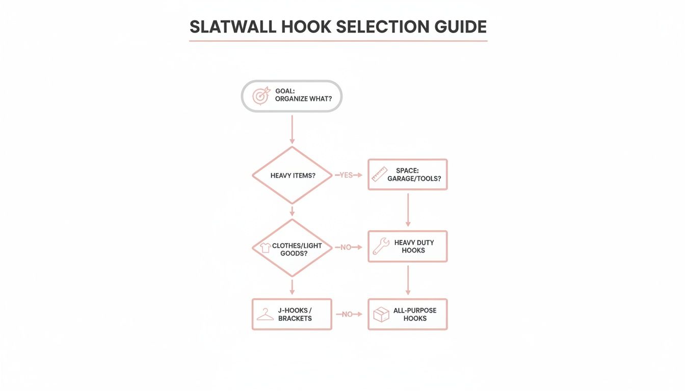 A flowchart guiding selection of slatwall hooks for organizing heavy items, clothes, or light goods.