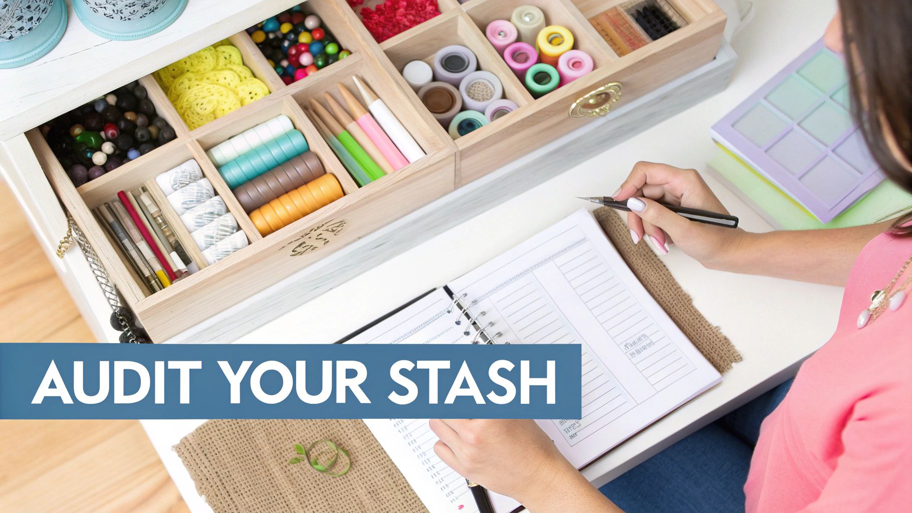 A woman meticulously organizes colorful craft supplies in a multi-compartment wooden drawer while writing in a planner.