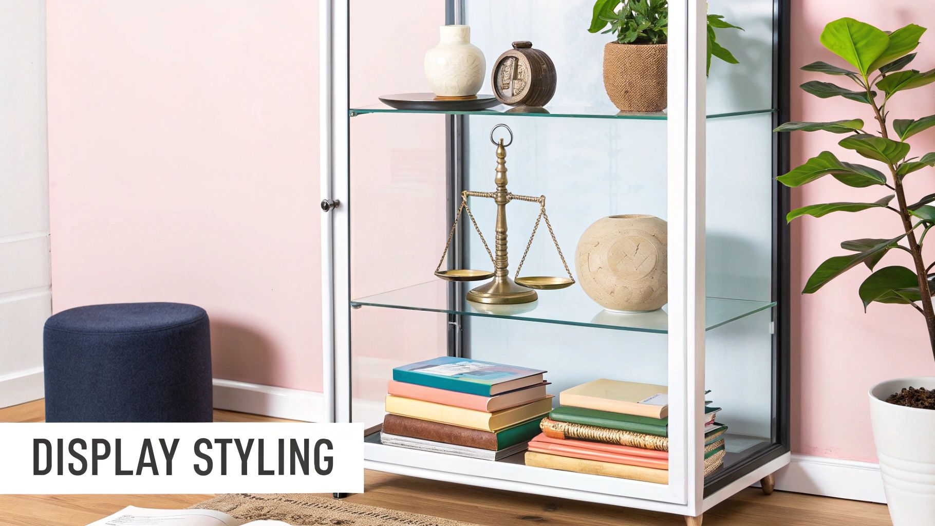 A white glass display cabinet showcasing decor, books, and plants, beside a navy stool.