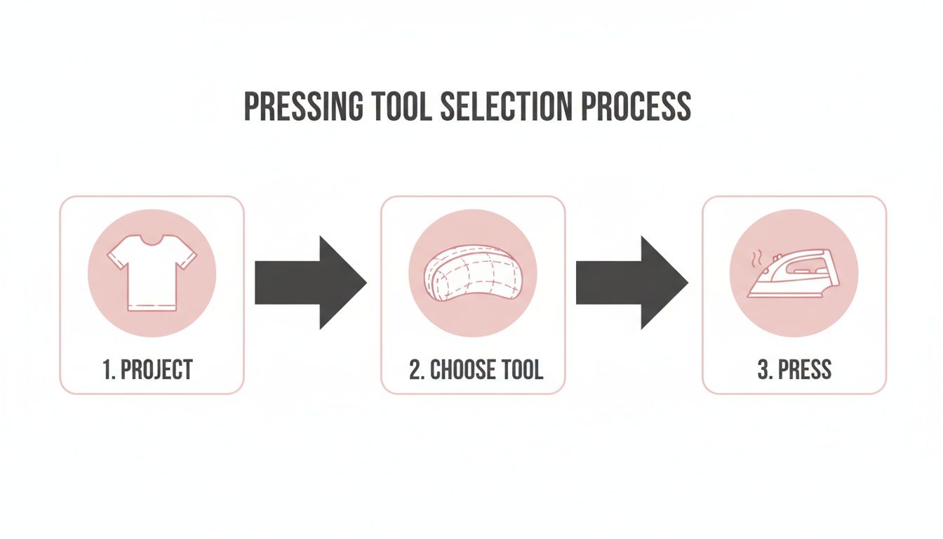 A visual guide illustrating the pressing tool selection process with steps for project, tool choice, and pressing.